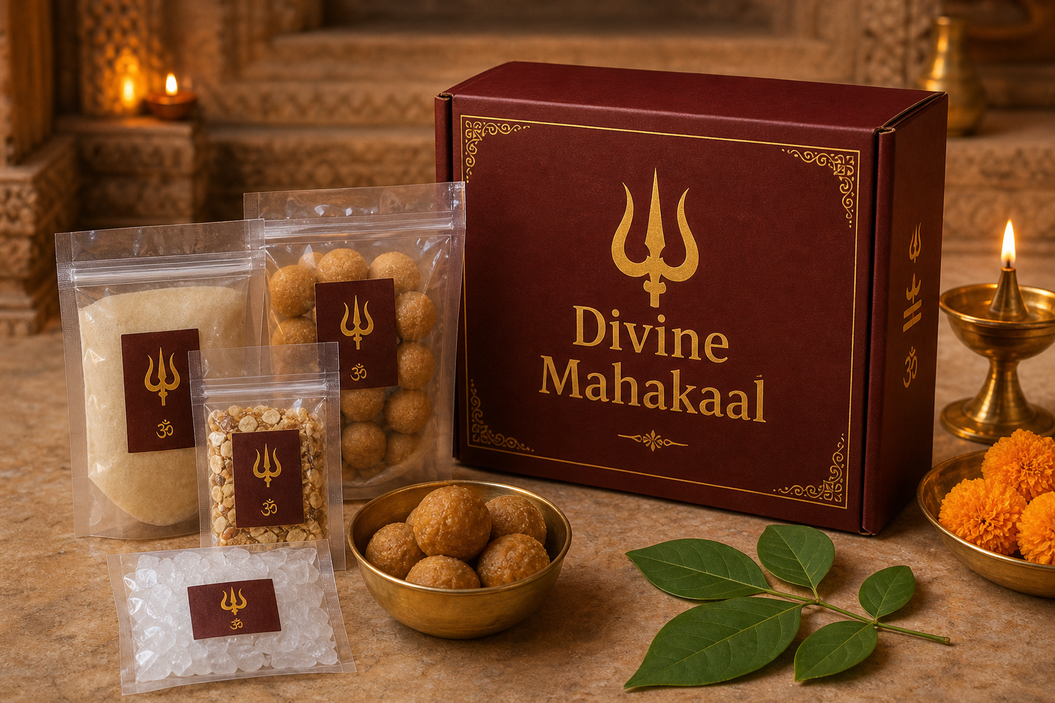 Divine Mahakaal Prasad Kit with packed dry prasad, diya, flowers, and bel patra